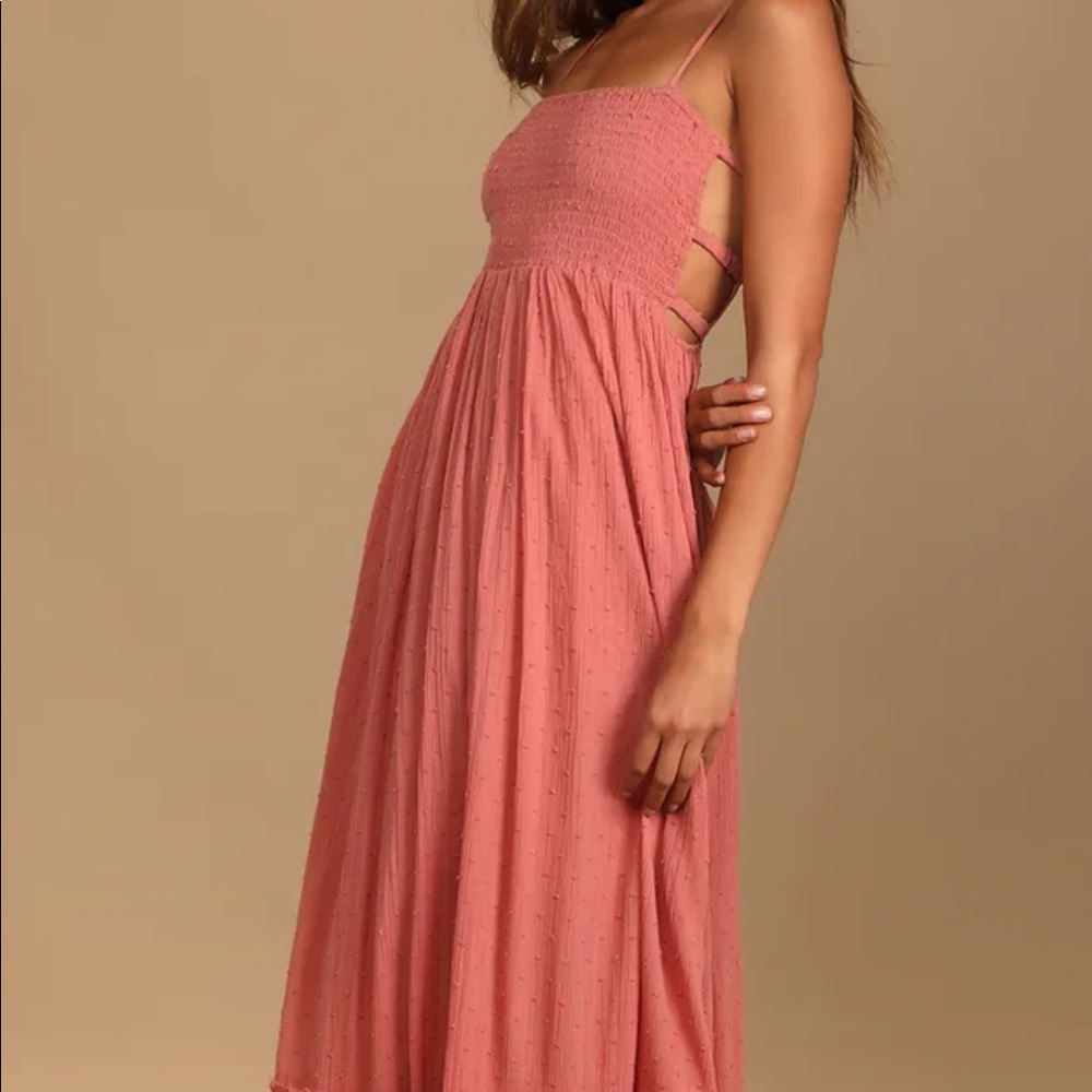 Lulus Serene Sunshine Rose Swiss Dot Smocked Cutout Tiered Maxi Dress